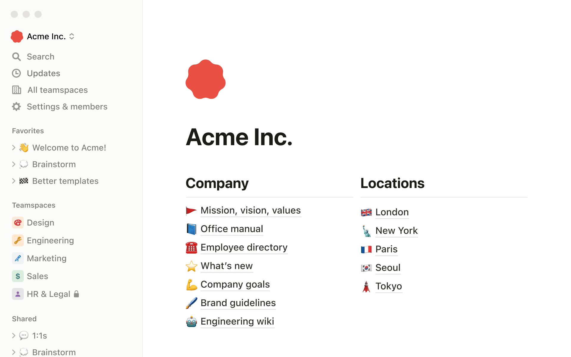 A screenshot of a Notion workspace showing a company's home