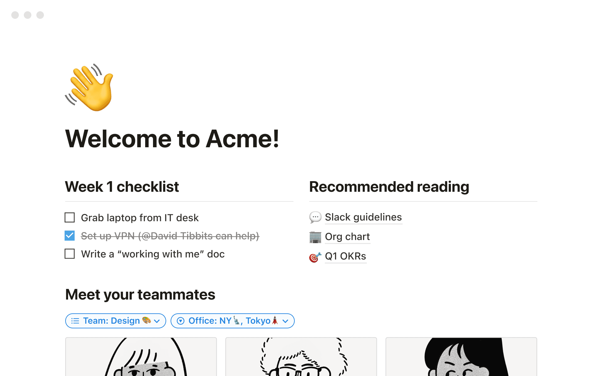 A screenshot of a Notion workspace showing an employee onboarding document
