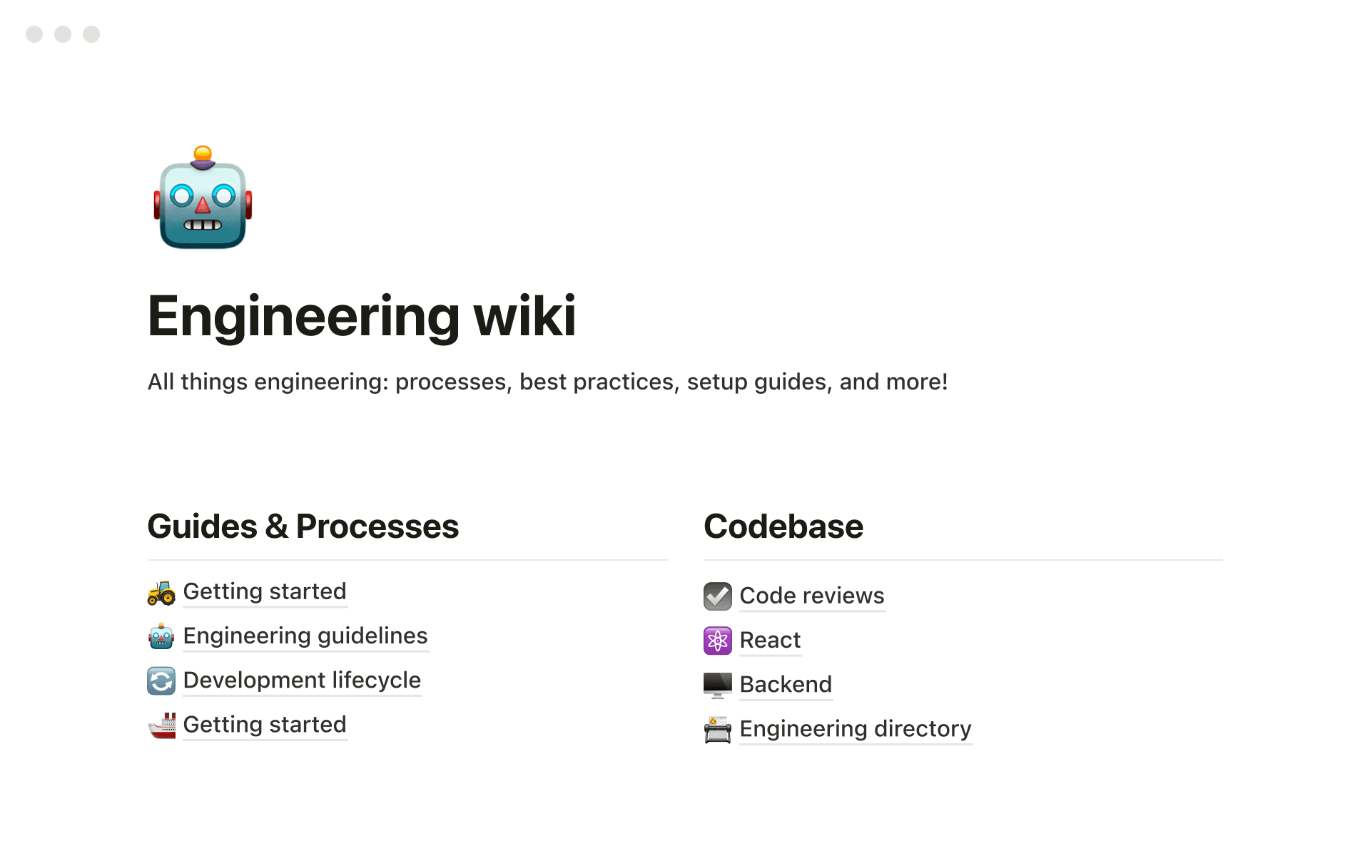 A screenshot of a Notion workspace showing an Engineering Wiki