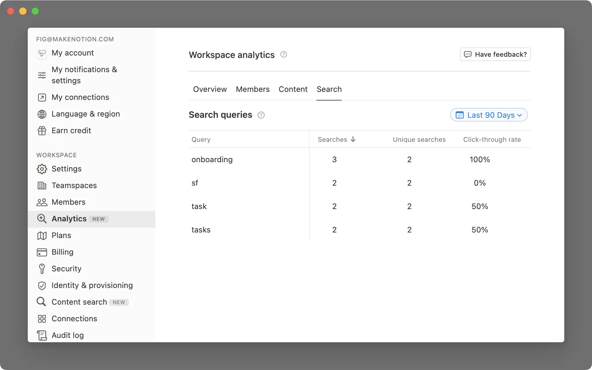 workspace analytics search tab