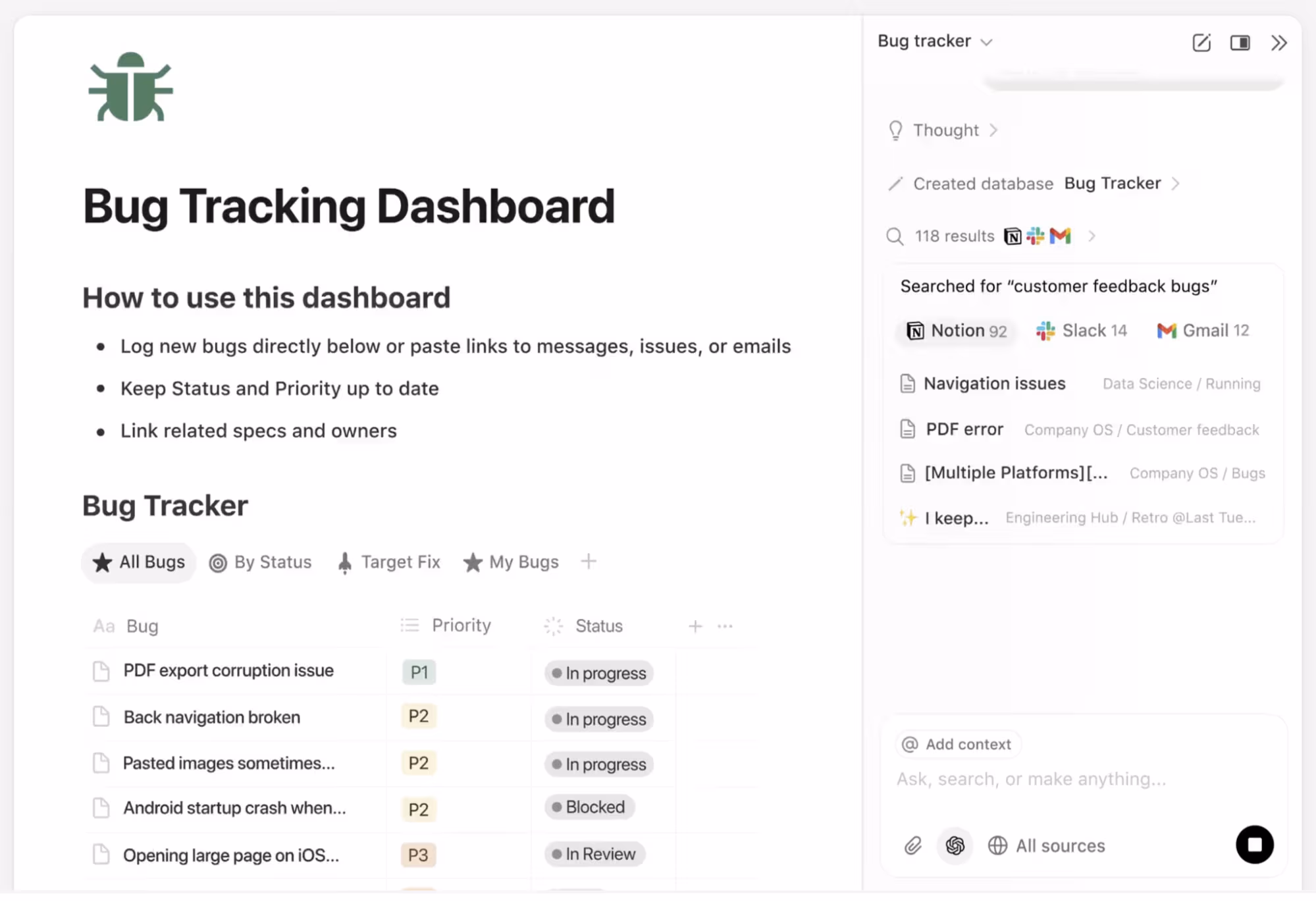 A screenshot that shows an example of a bug tracking dashboard that Notion AI created
