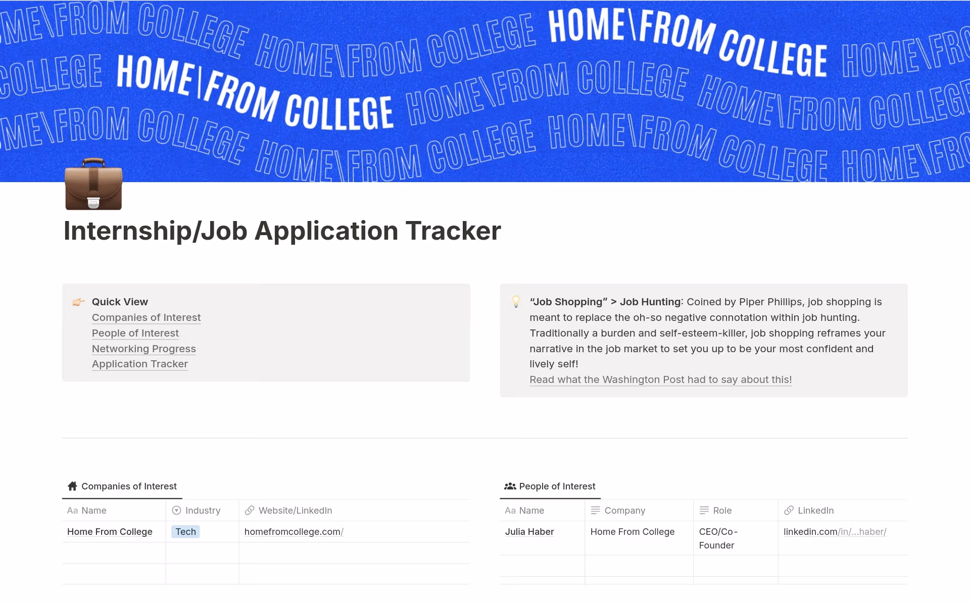 Screenshot of Templates for Student Job Hunting collection by Notion